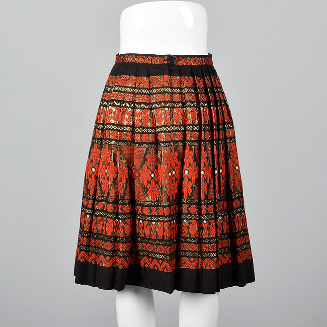 1950s Pleated Black Skirt with Red and Metallic Embroidery