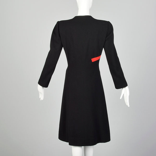 1940s Gilbert Adrian Black Wool Coat with Asymmetric Red Stripe
