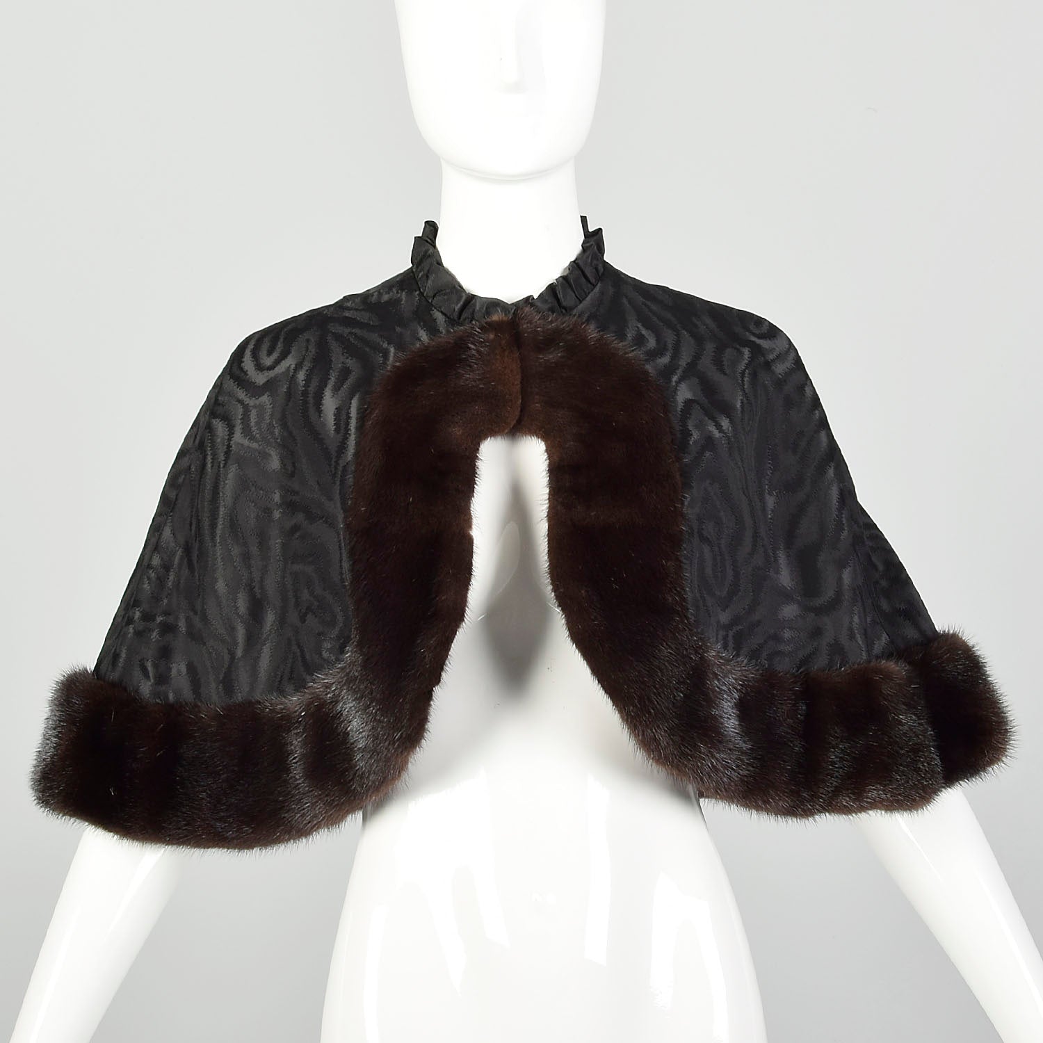 1960s Mink Trim Capelet Evening Fur Cape Black Formal Wrap