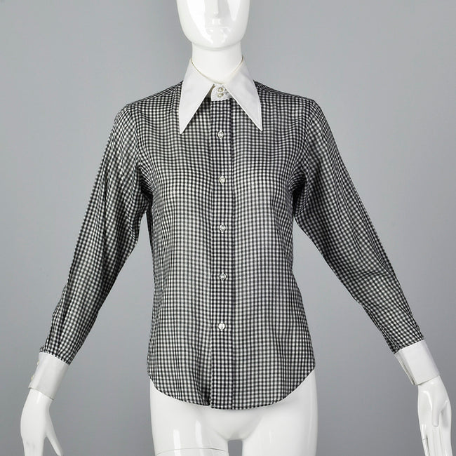 1970s Black and White Gingham Blouse
