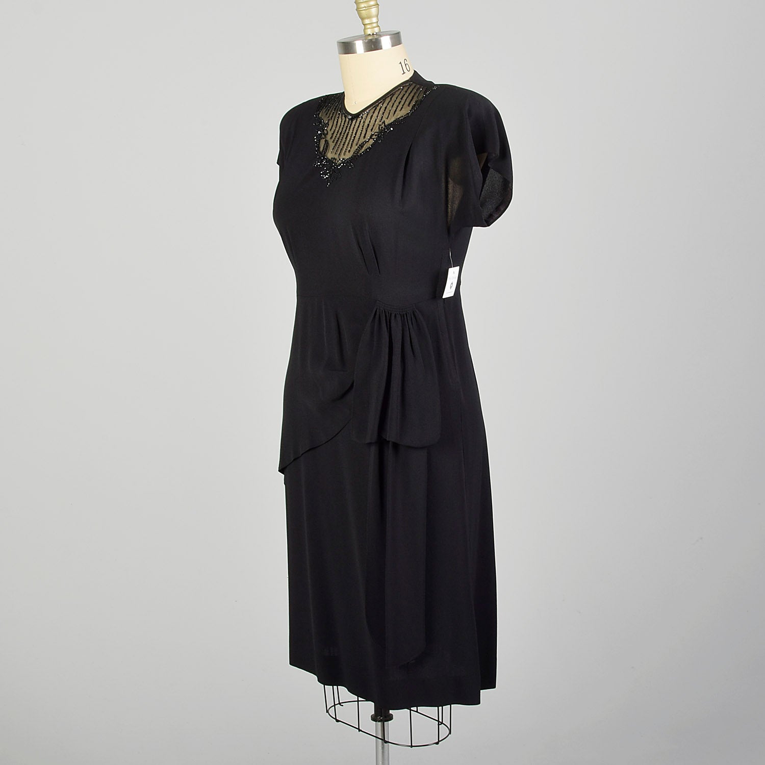 XL 1940s Little Black Dress Rayon Volup Beaded Illusion Neckline Evening Cocktail Gown LBD