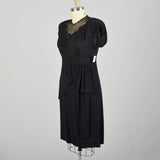 XL 1940s Little Black Dress Rayon Volup Beaded Illusion Neckline Evening Cocktail Gown LBD