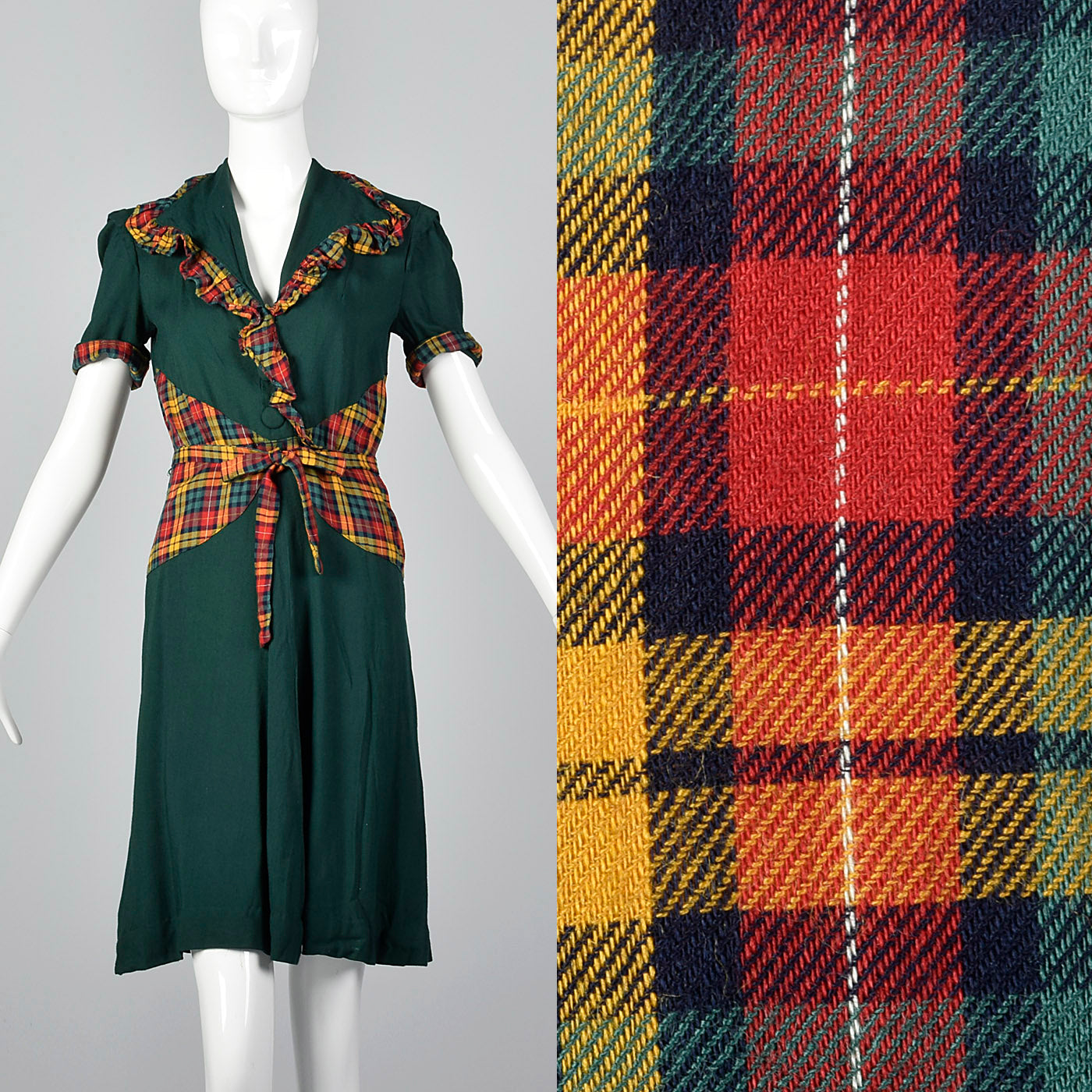 1930s Green Dress with Colorful Plaid Trim