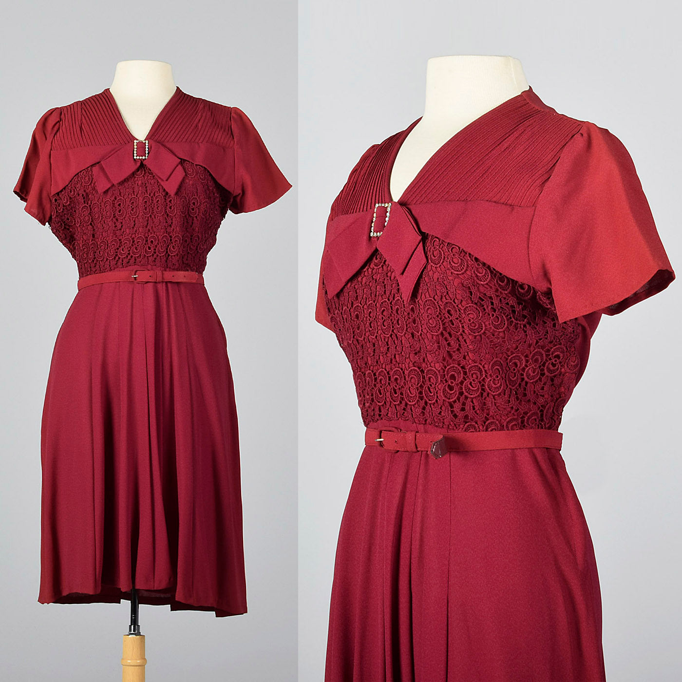 1950s Burgundy Dress with Lace Overlay