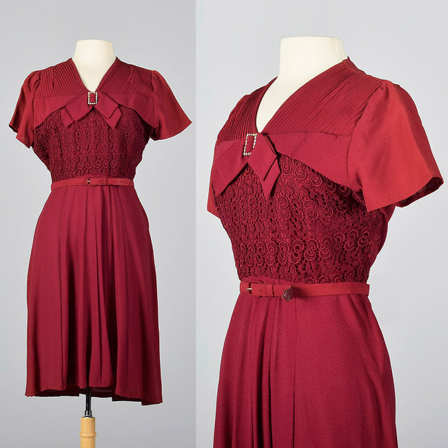 1950s Burgundy Dress with Lace Overlay