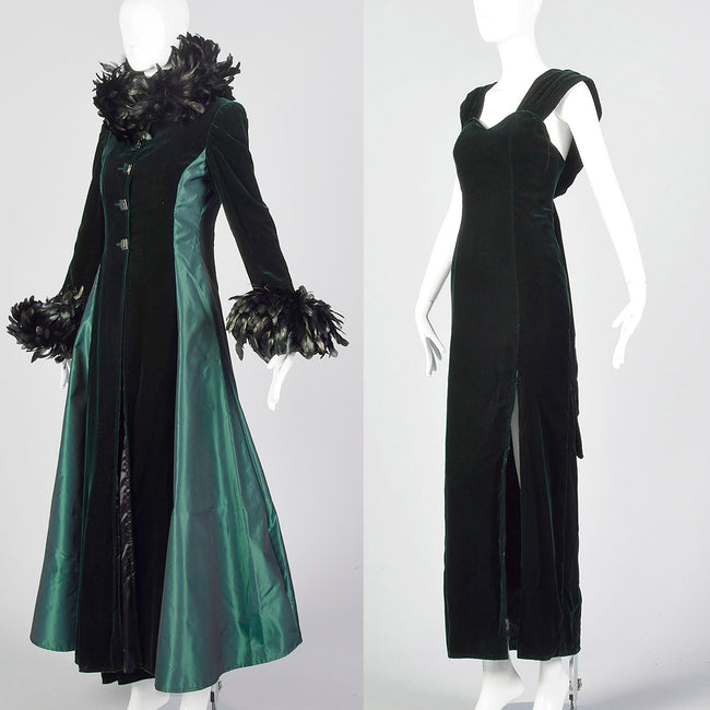 1970s Two Piece Green Velvet Dress Set