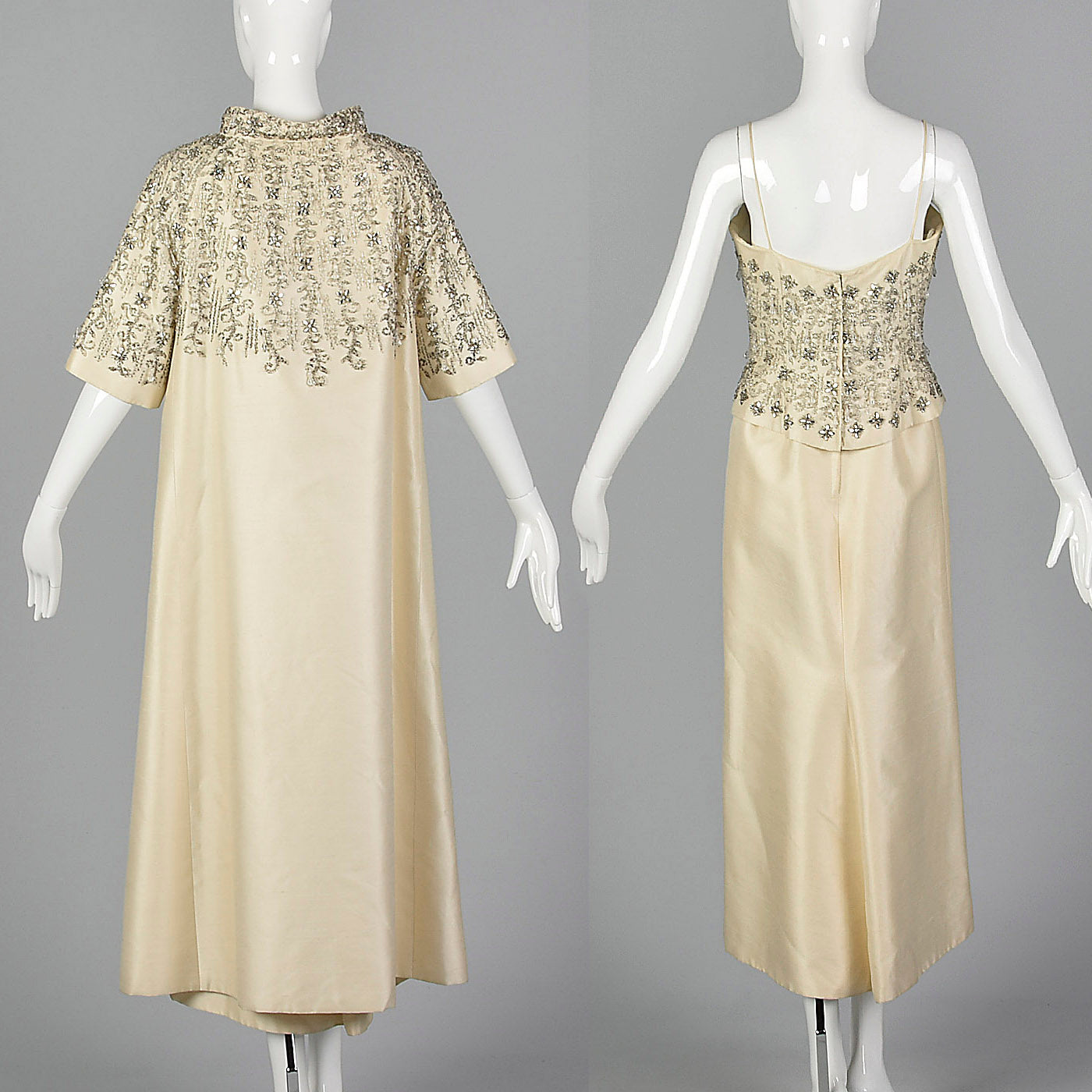 1960s  Beaded Wedding Ensemble with a  Sleeveless Dress and Formal Opera Coat