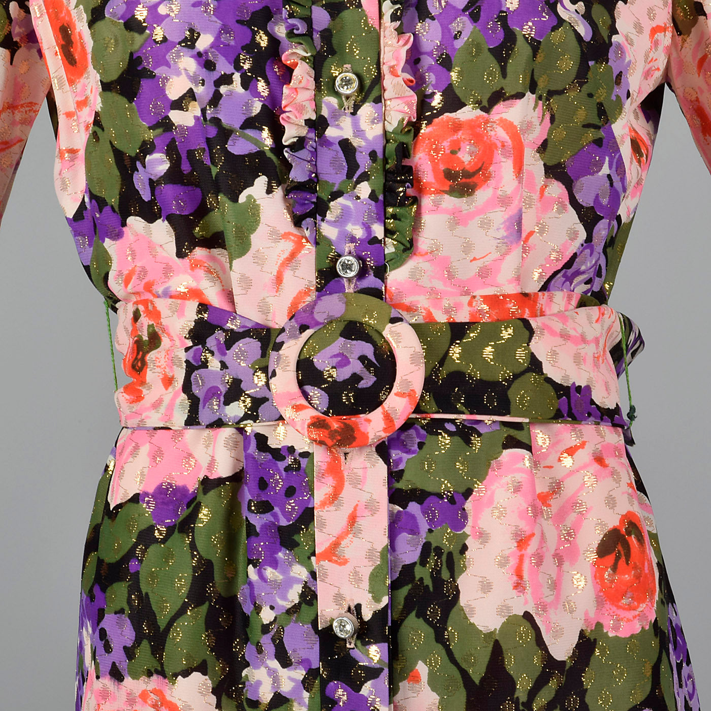 1970s Floral Maxi Dress with Metallic Polka Dots