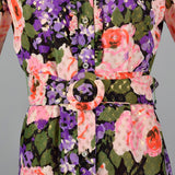 1970s Floral Maxi Dress with Metallic Polka Dots