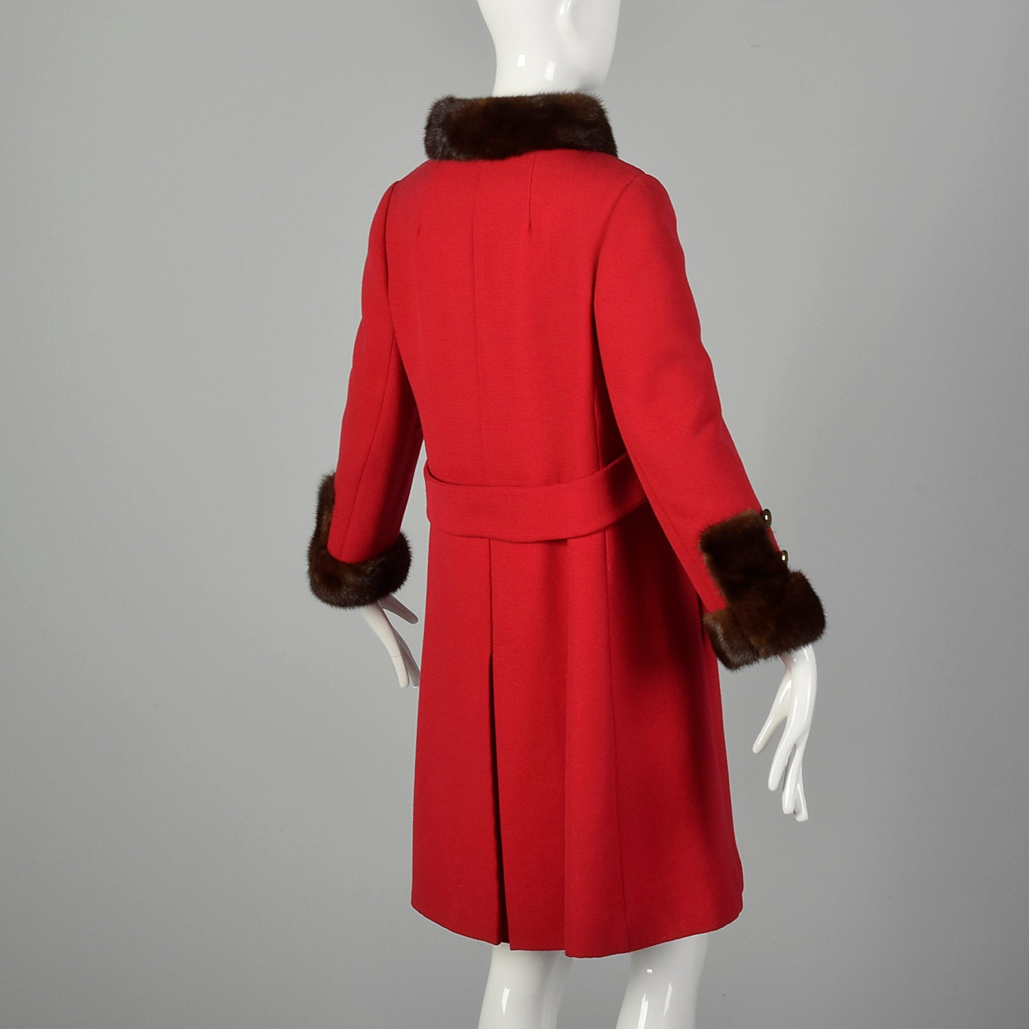 XS 1960s Mink Fur Trim Red Winter Coat Mod Double Breasted A-Line