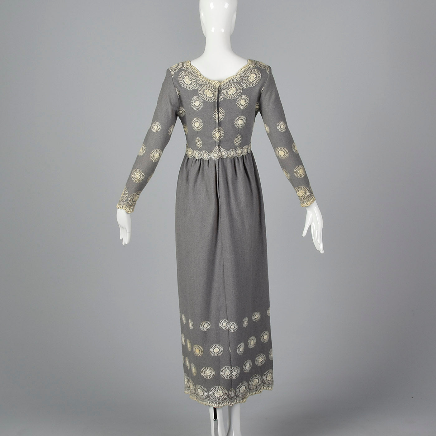 1970s Saks Fifth Avenue Gray Wool Dress with Embroidery