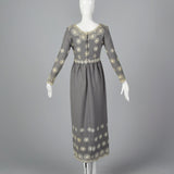 1970s Saks Fifth Avenue Gray Wool Dress with Embroidery