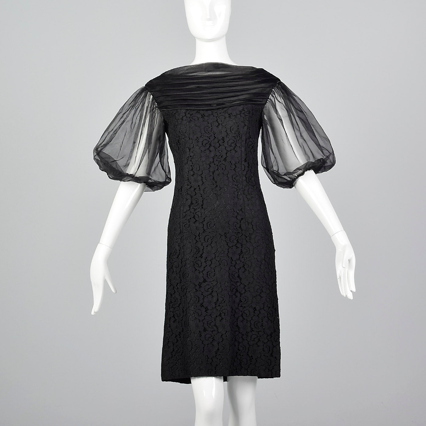 1960s Lace Overlay Shift Dress with Sheer Poof Sleeves