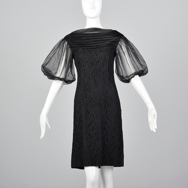 1960s Lace Overlay Shift Dress with Sheer Poof Sleeves