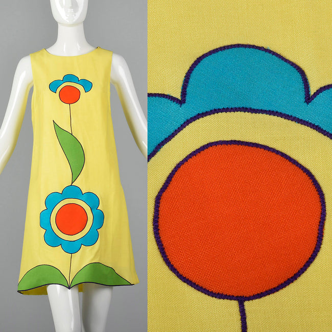 1960s Deadstock Yellow Dress with Mod Flowers