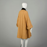 Large 1950s Swing Coat Mustard Yellow Boucle Wool Wind Cuffs Wide Sleeves Velvet Collar