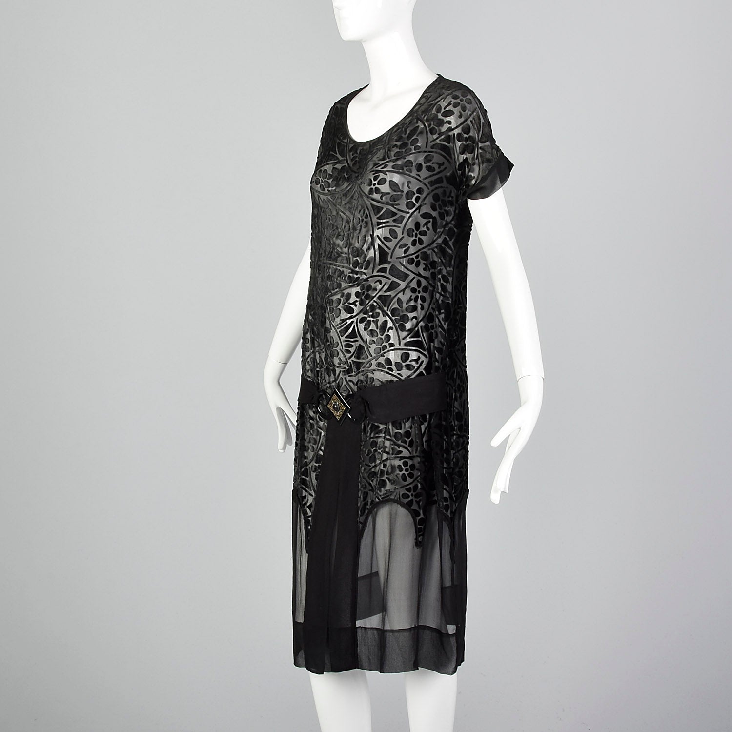 1920s Dress Black Velvet Devoré with Art Deco Buckle