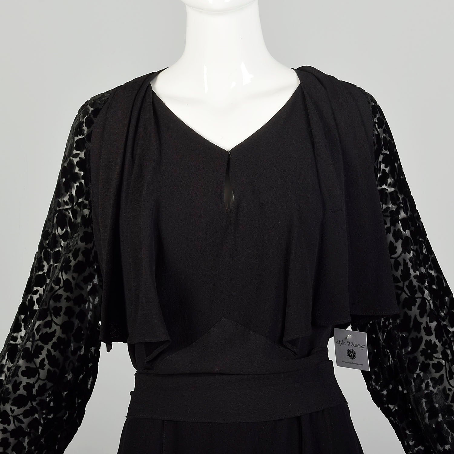 XL 1930s Dress Black Devore Velvet Sleeves Art Deco Long Sleeve LBD