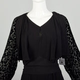 XL 1930s Dress Black Devore Velvet Sleeves Art Deco Long Sleeve LBD