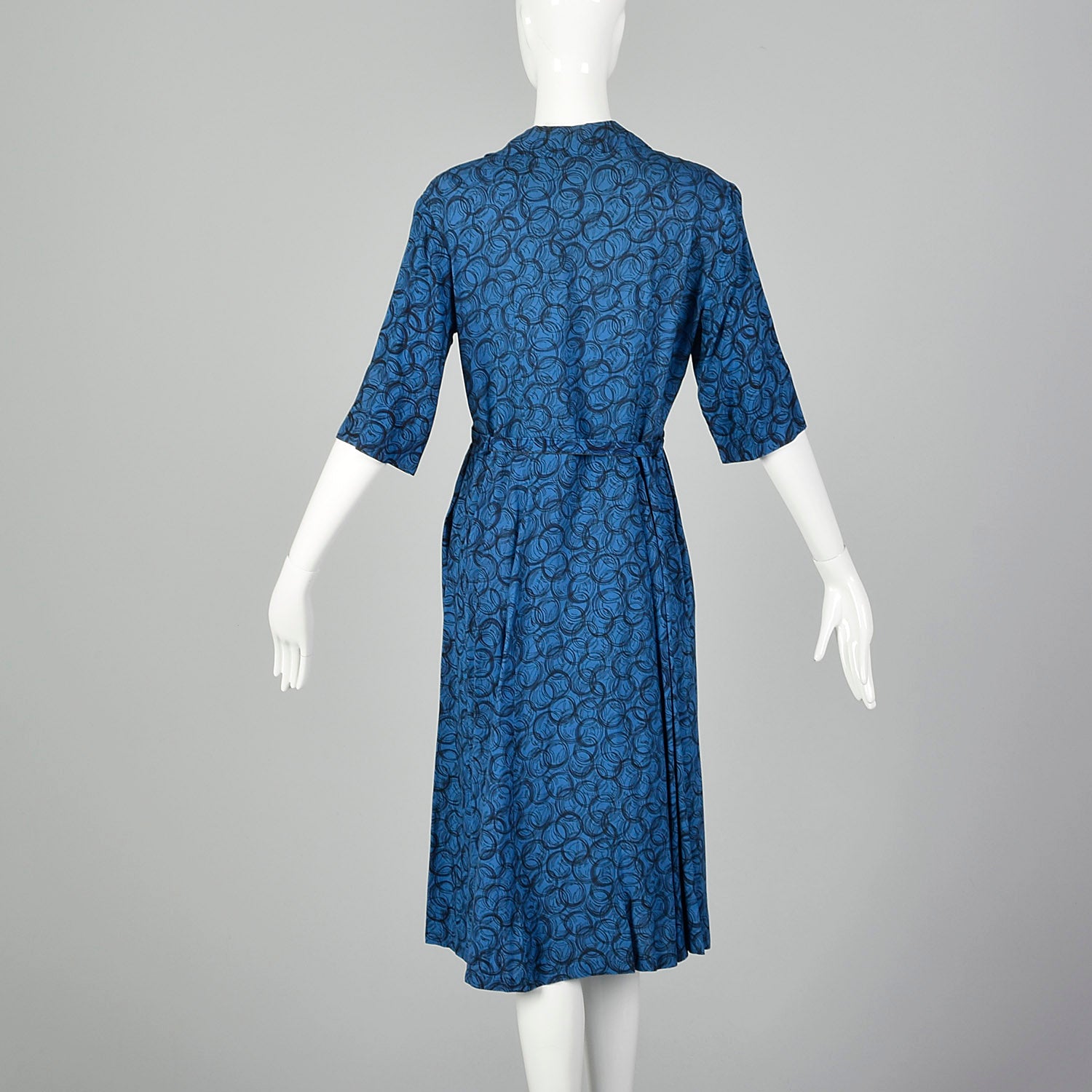 Large 1950s Blue Geometric Print Day Dress