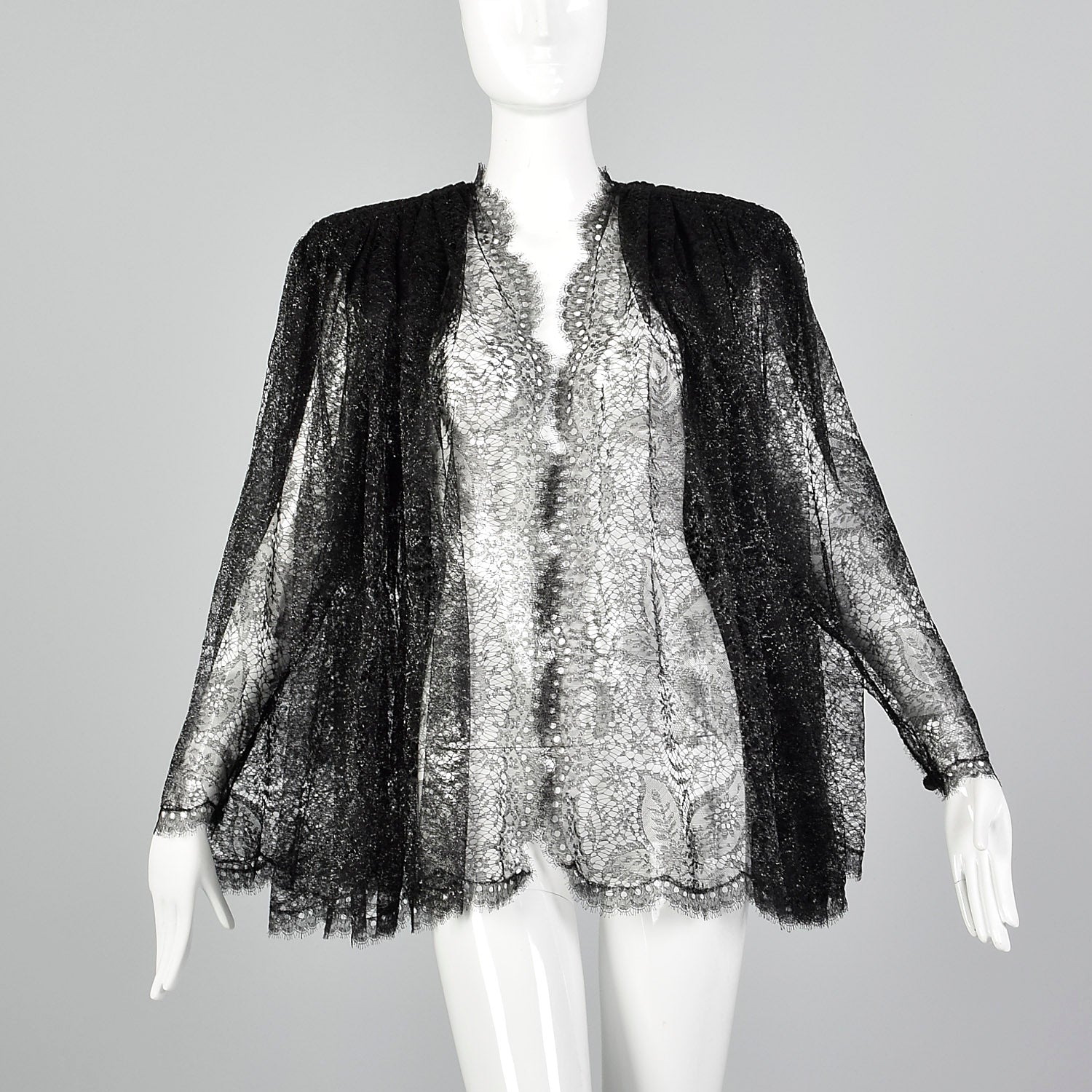 1980s Black & Silver Lace Swing Coat Galanos