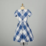 Medium 1950s Day Dress Blue Plaid Cotton Short Sleeve Fit and Flare Summer