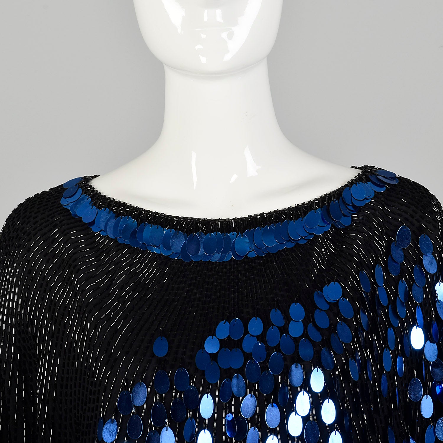 Medium 1980s Black and Blue Dolman Top Beaded Sequin Paillettes