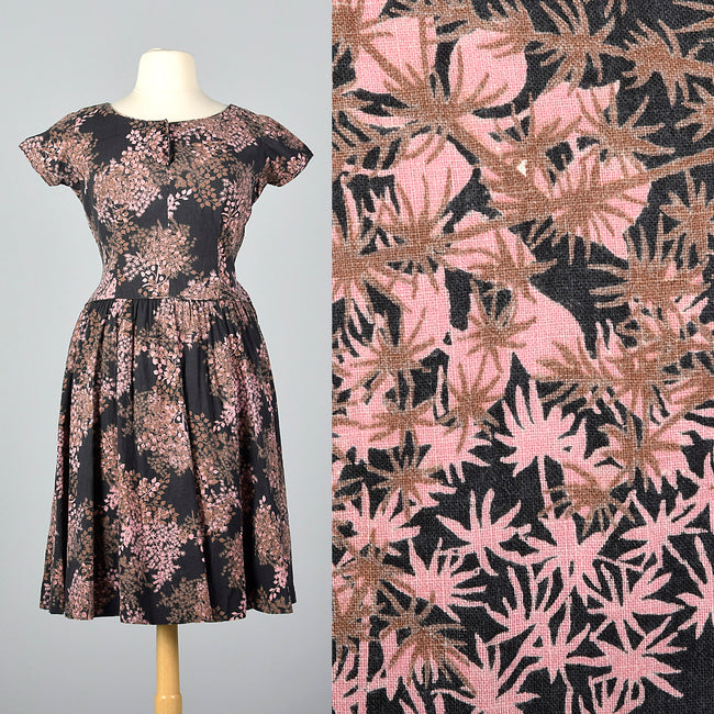 1950s Black and Pink Floral Dress with Drop Waist