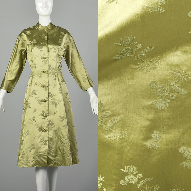 Medium 1960s Sage Green Asian Dress Hand Sewn Silk Frog Closures