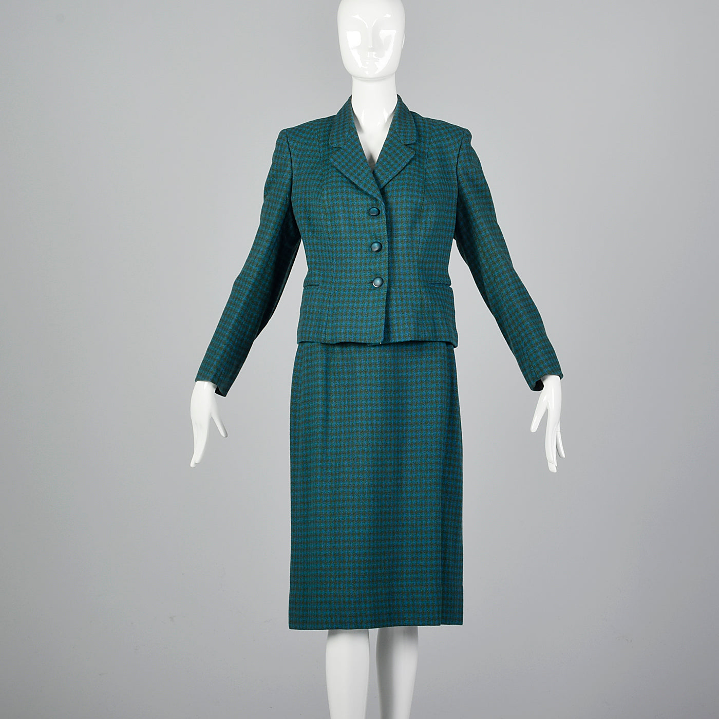 1960s Three Piece Skirt Suit with Matching Winter Coat in Green & Blue Wool
