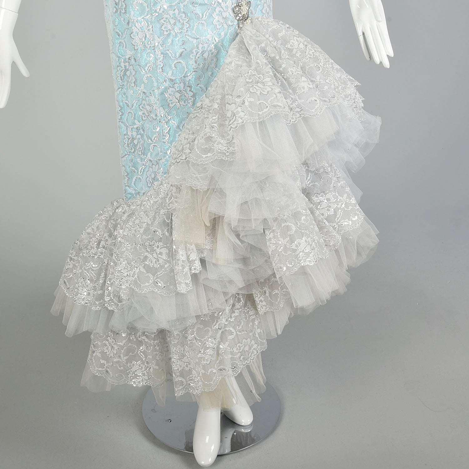 Small 1980s Blue Silver Sleeveless Layered Lace Asymmetric Calypso Mermaid Prom Dress