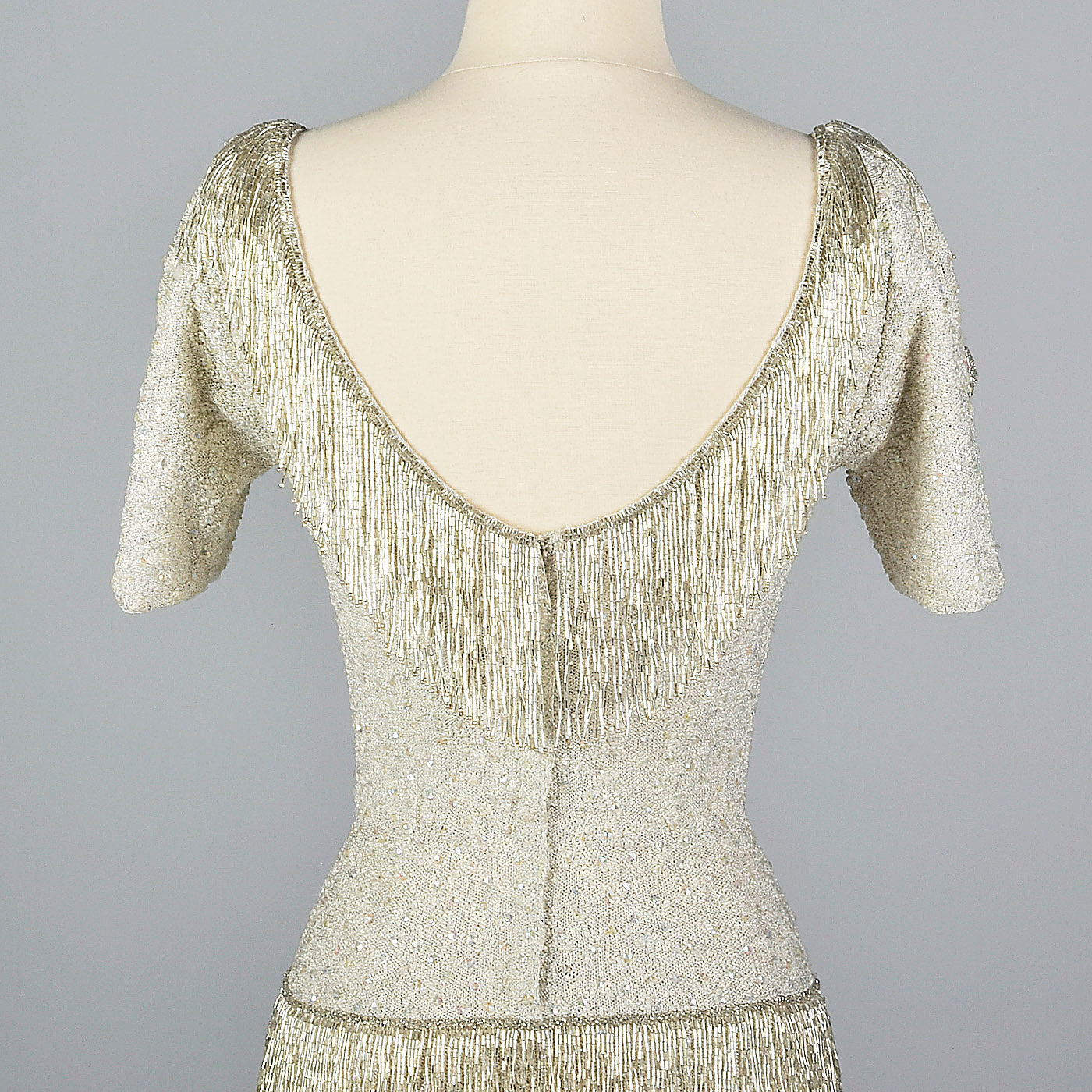 1960s Hand Knit Silver Beaded Dress with Fringe Detail