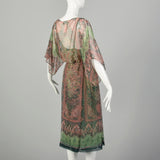 Small 1970s Victor Costa Dress Green Two-Piece Sheer Chiffon Boho