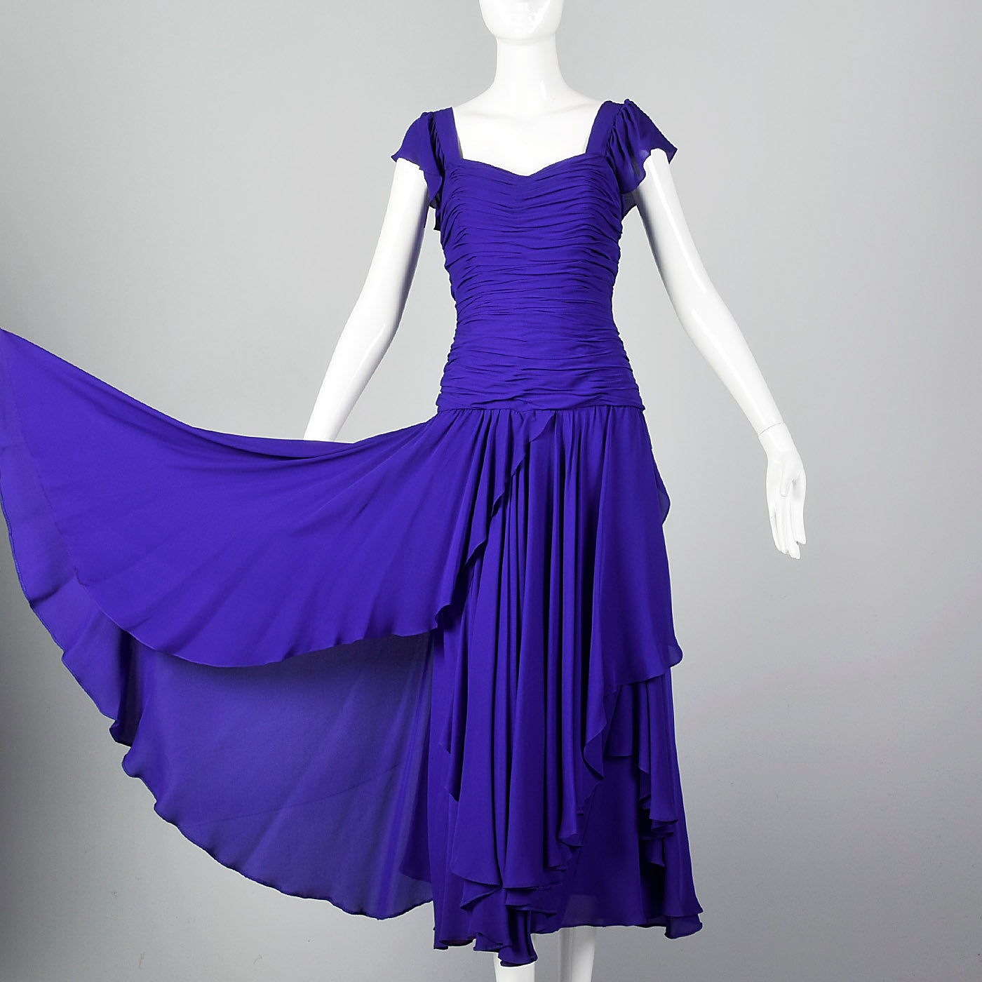 1980s Purple Gown with Ruched Bodice and Flutter Cap Sleeves