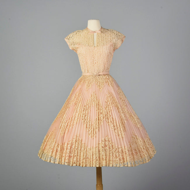 1950s Pink Lace Pleated Wedding Dress