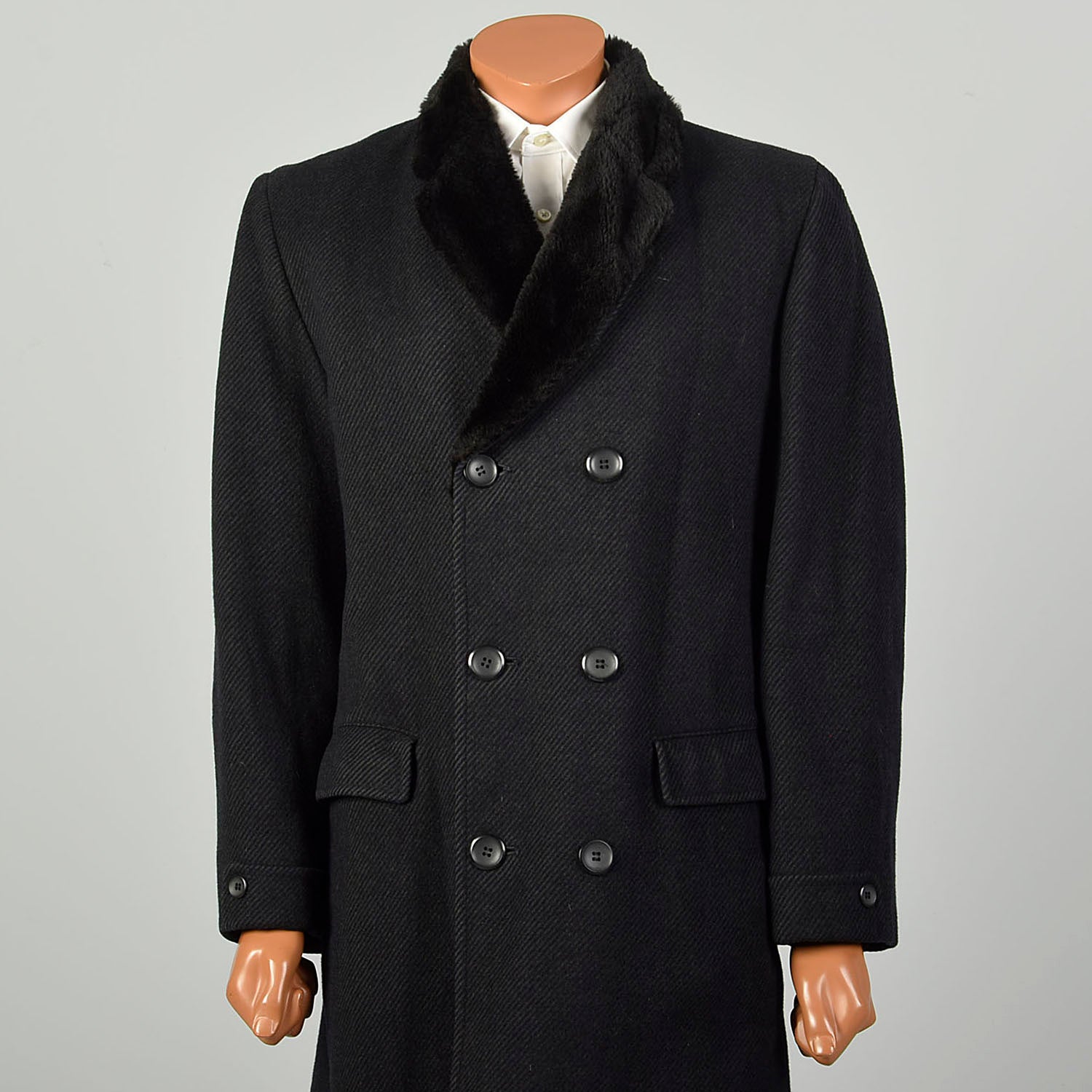 Large 1970s Coat Charcoal Black Faux Fur Double Breasted Winter