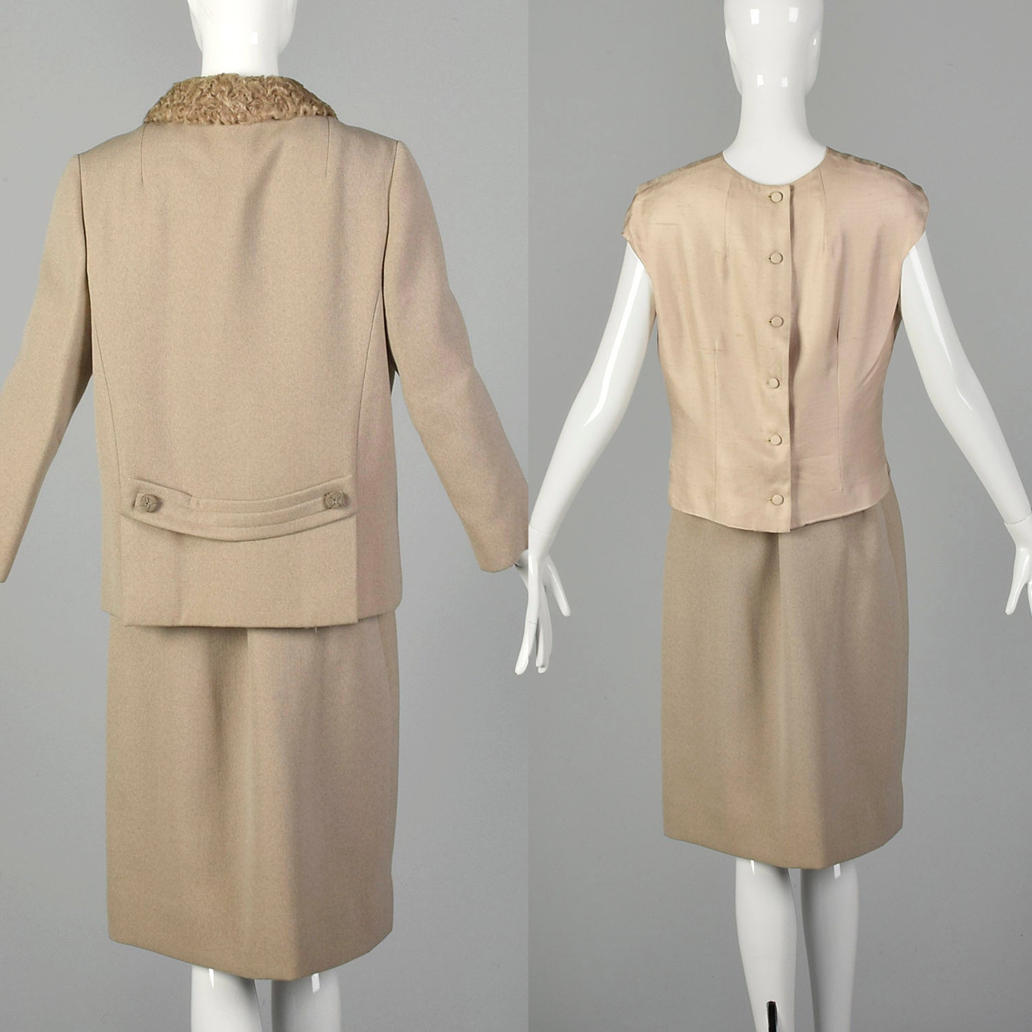 Medium 1960s Tan Three Piece Wool Skirt Suit