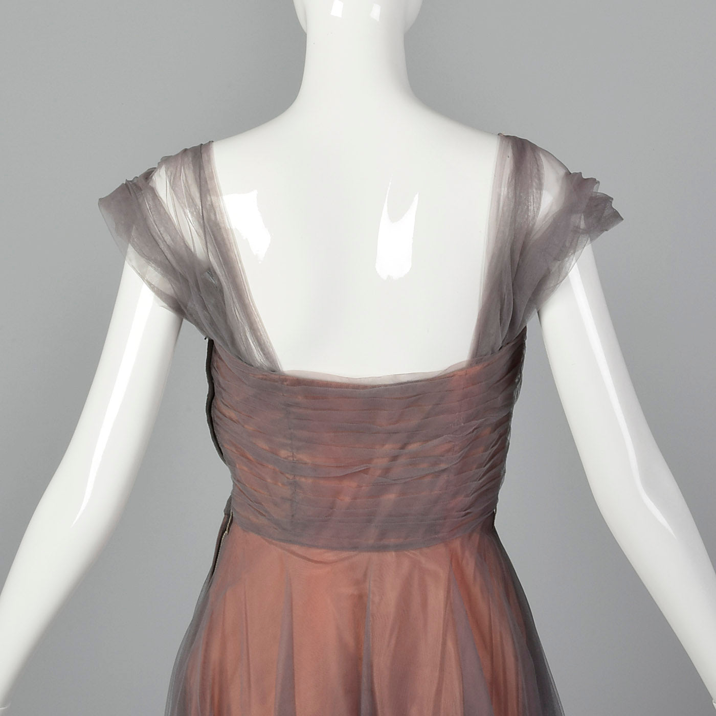 1950s Gray and Pink Mesh Dress with Faux Flower Bust