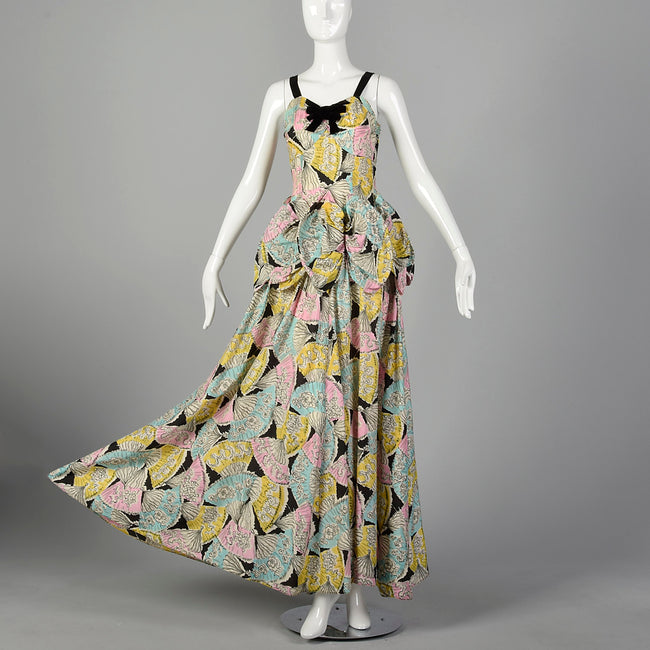 1940s Novelty Print Taffeta Evening Dress with Pastel Fans