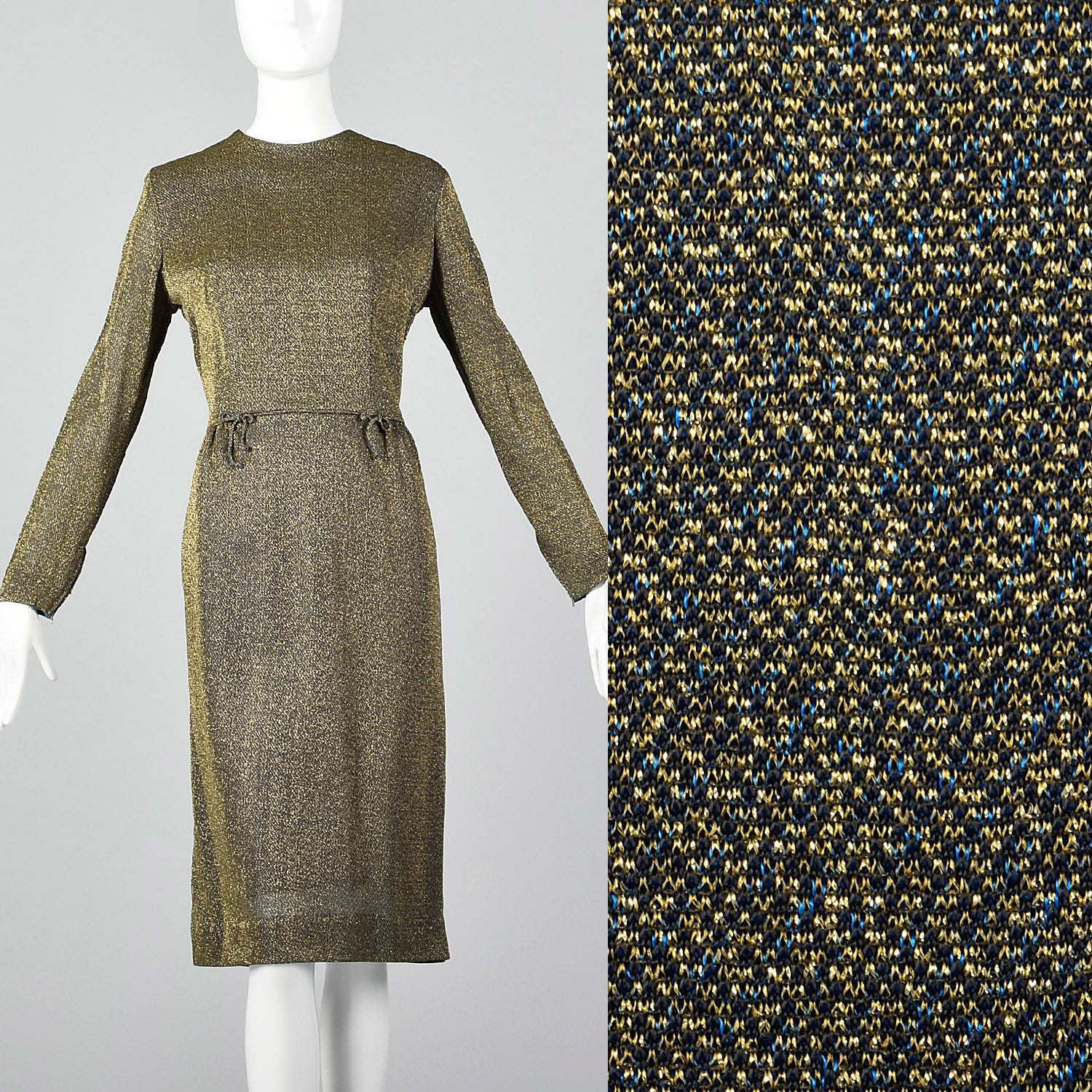 1950s Lurex Pencil Dress in Blue and Gold Knit
