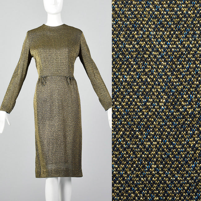 1950s Lurex Pencil Dress in Blue and Gold Knit
