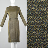 1950s Lurex Pencil Dress in Blue and Gold Knit