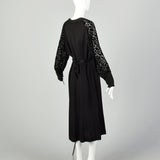 XL 1930s Dress Black Devore Velvet Sleeves Art Deco Long Sleeve LBD