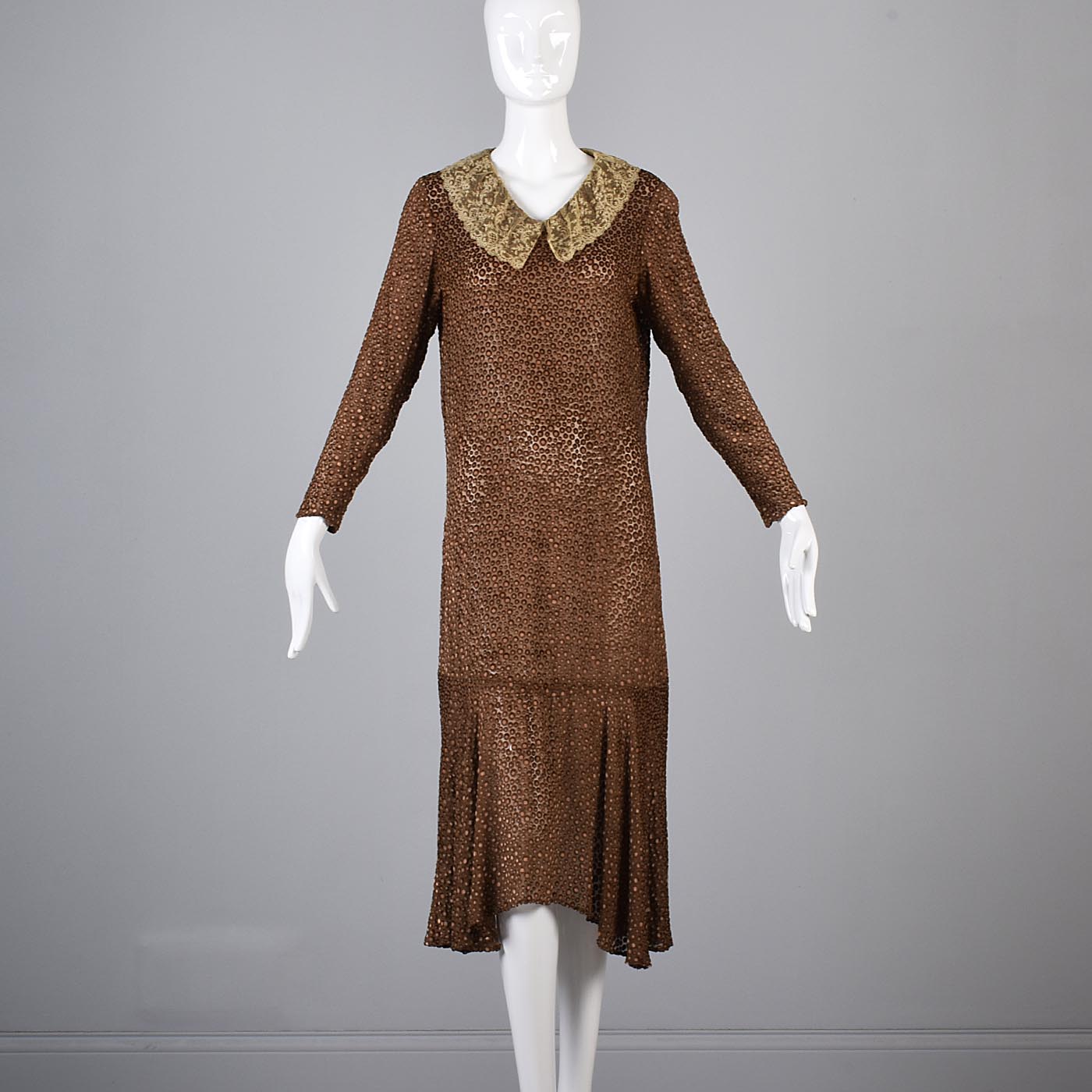 1920s Brown Silk Dress with Lace Trim