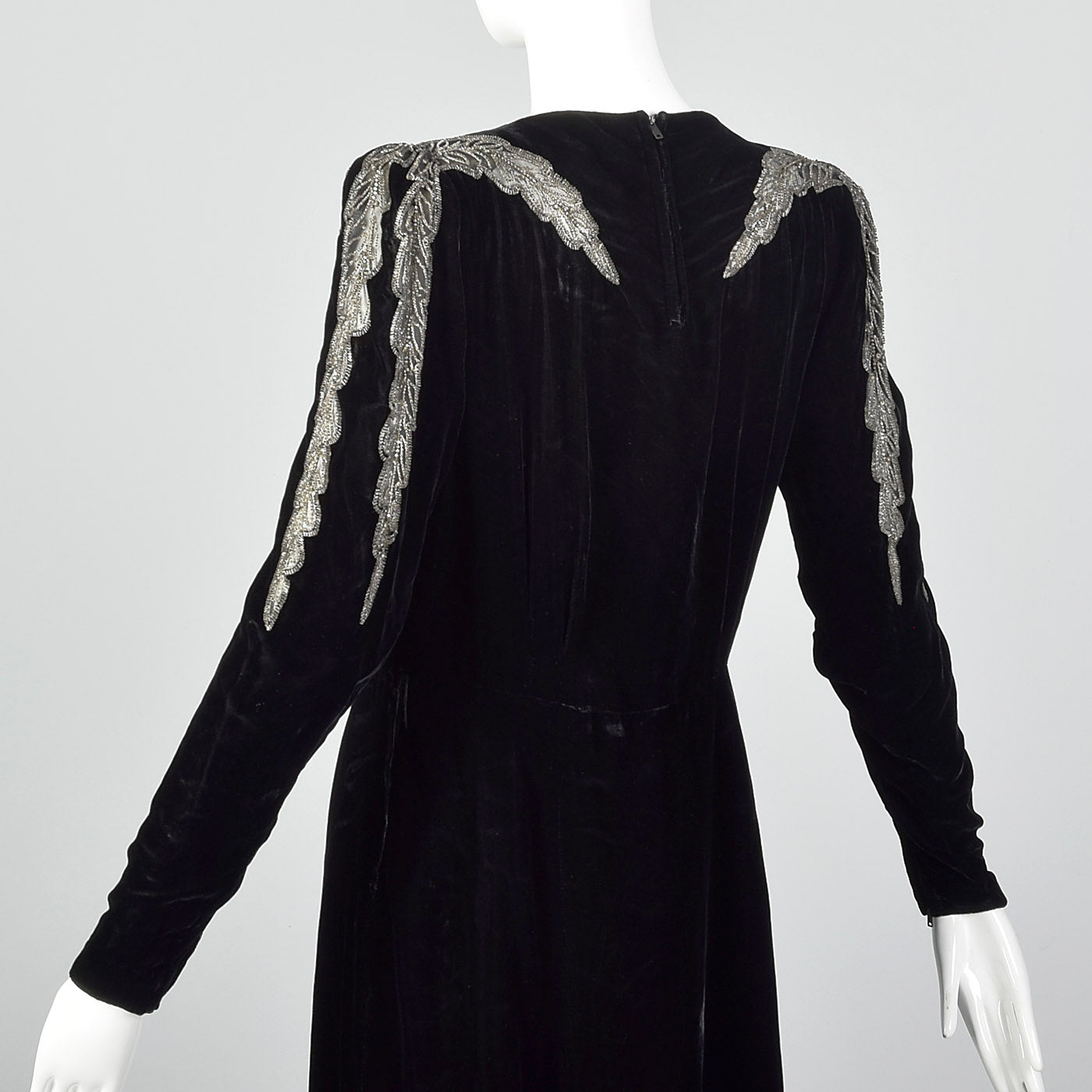 1940s Black Velvet Dress with Sheer Sleeve Design