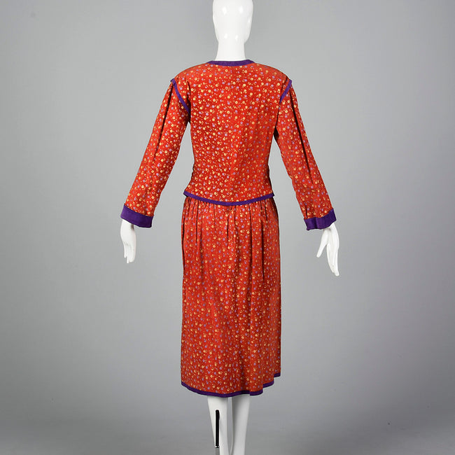 1970s Mario Valentino Suede Leather Two Piece Set with Silk Screen Floral Print
