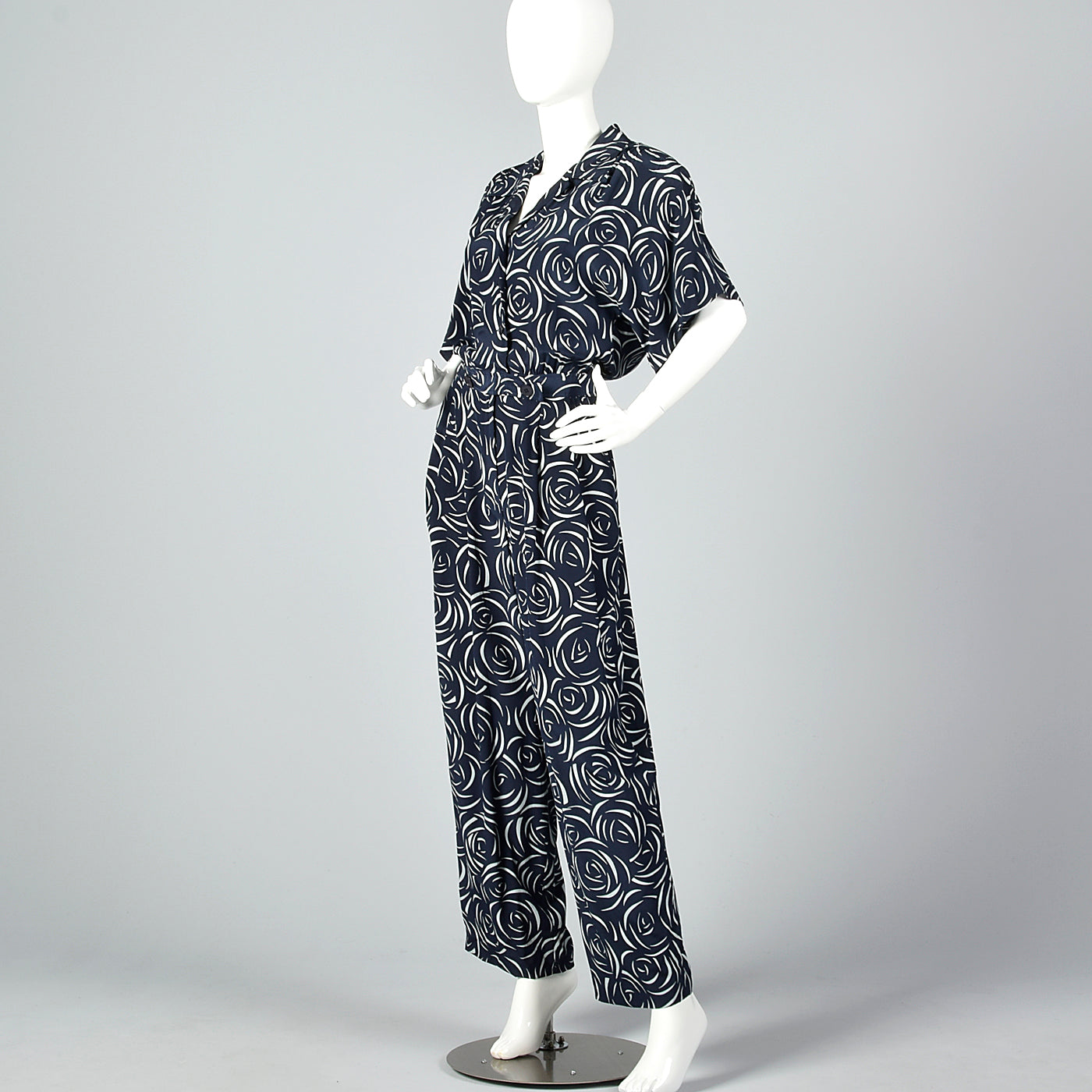1980s Albert Nipon Navy Silk Print Jumpsuit