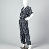 1980s Albert Nipon Navy Silk Print Jumpsuit