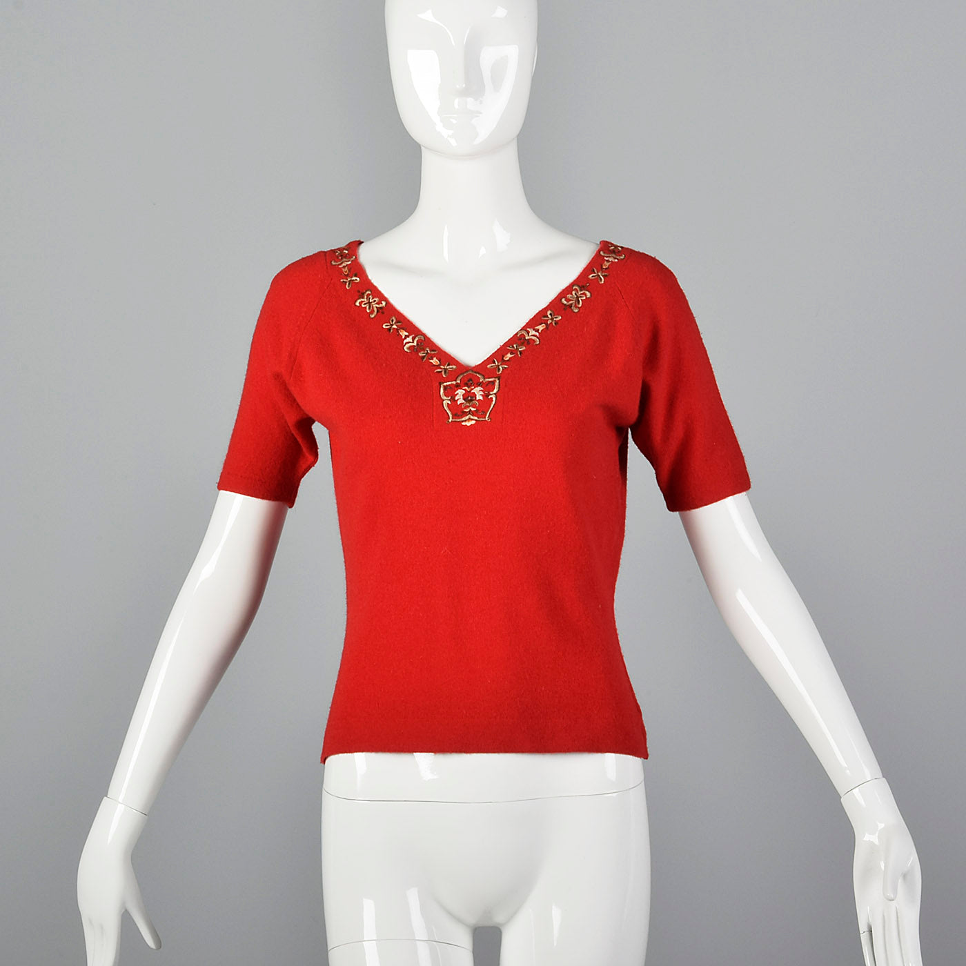 1950s Red Sweater with Metal Thread Trim