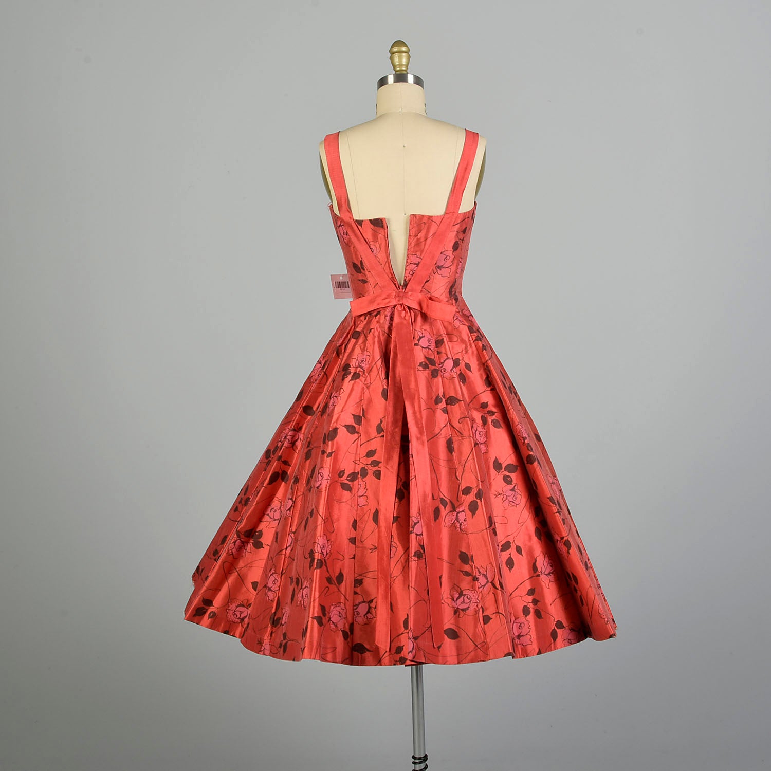 XS 1950s AS IS Red Fit & Flare Novelty Rose Print Shelf Bust Cocktail Dress